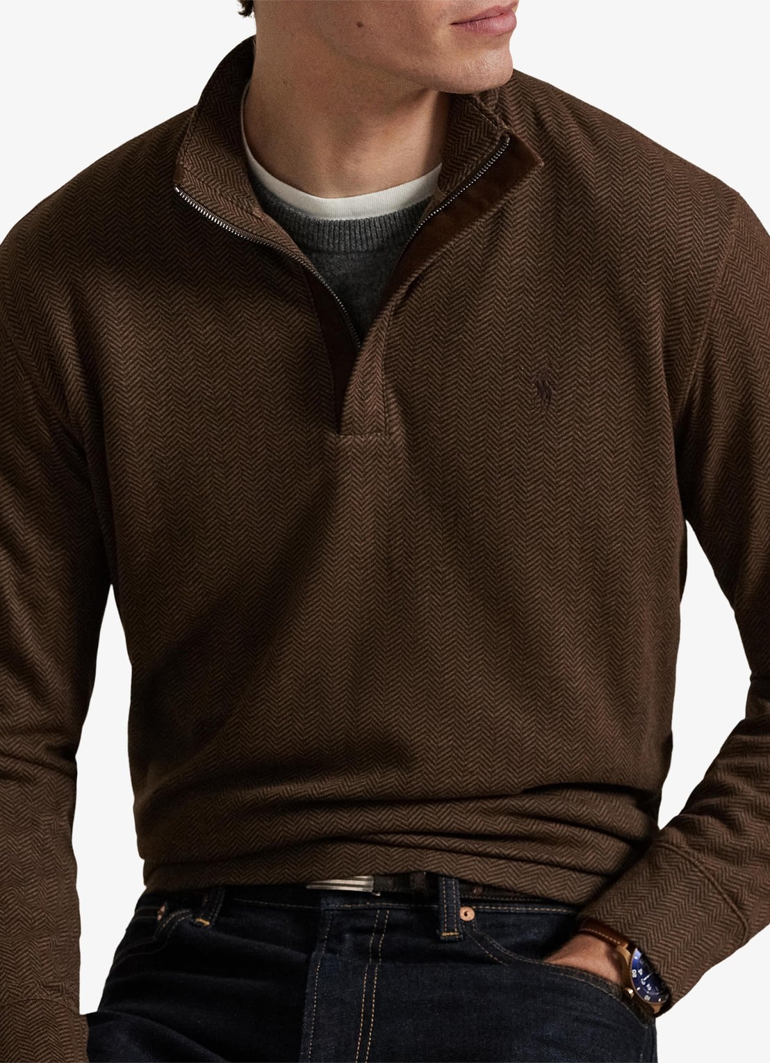 Ralph Lauren Fijngebreide trui met halve rits en visgraatdessin - detail 5 cedar herringbone / donkerbruin