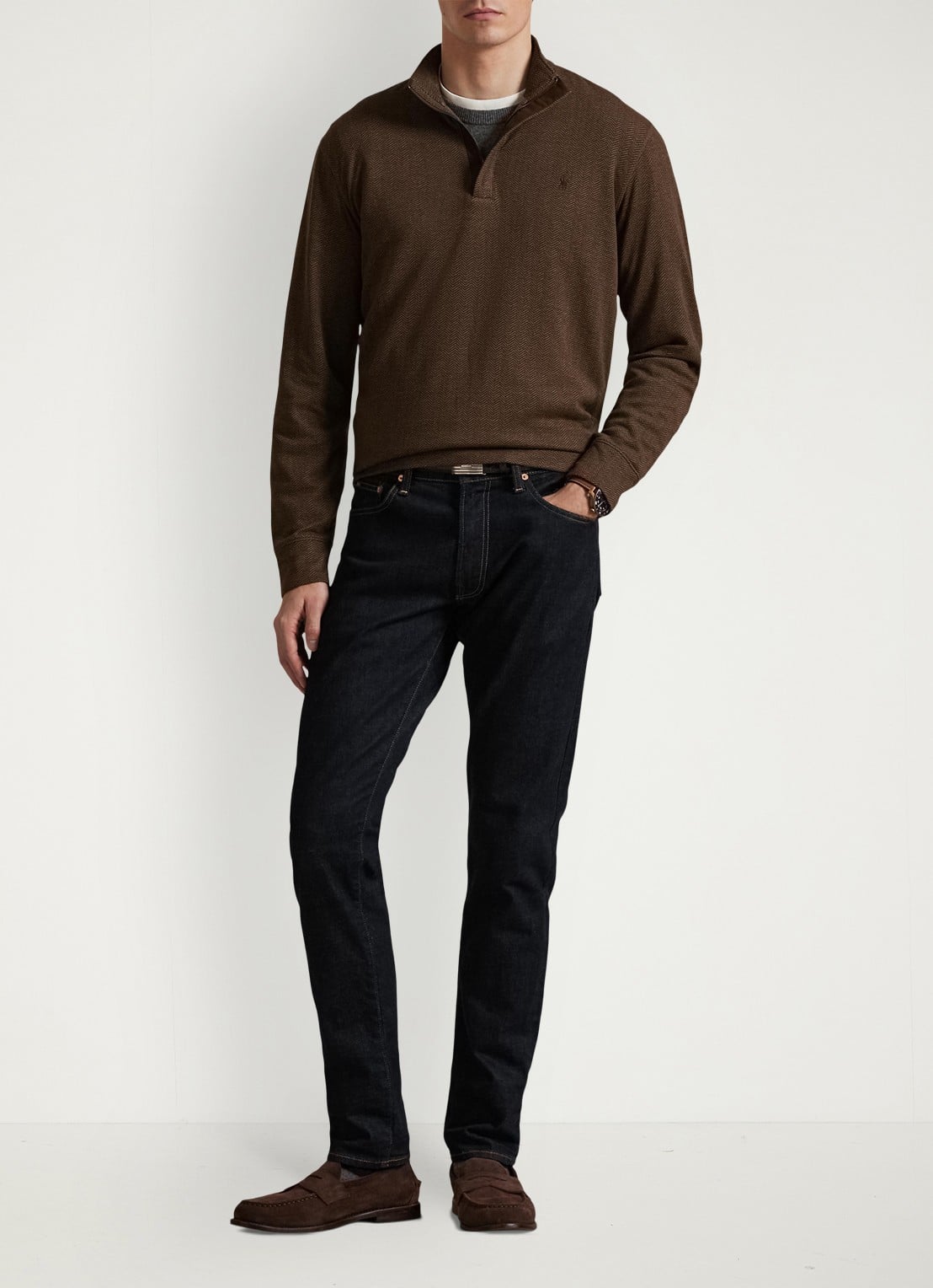 Ralph Lauren Fijngebreide trui met halve rits en visgraatdessin - voorkant 3 cedar herringbone / donkerbruin