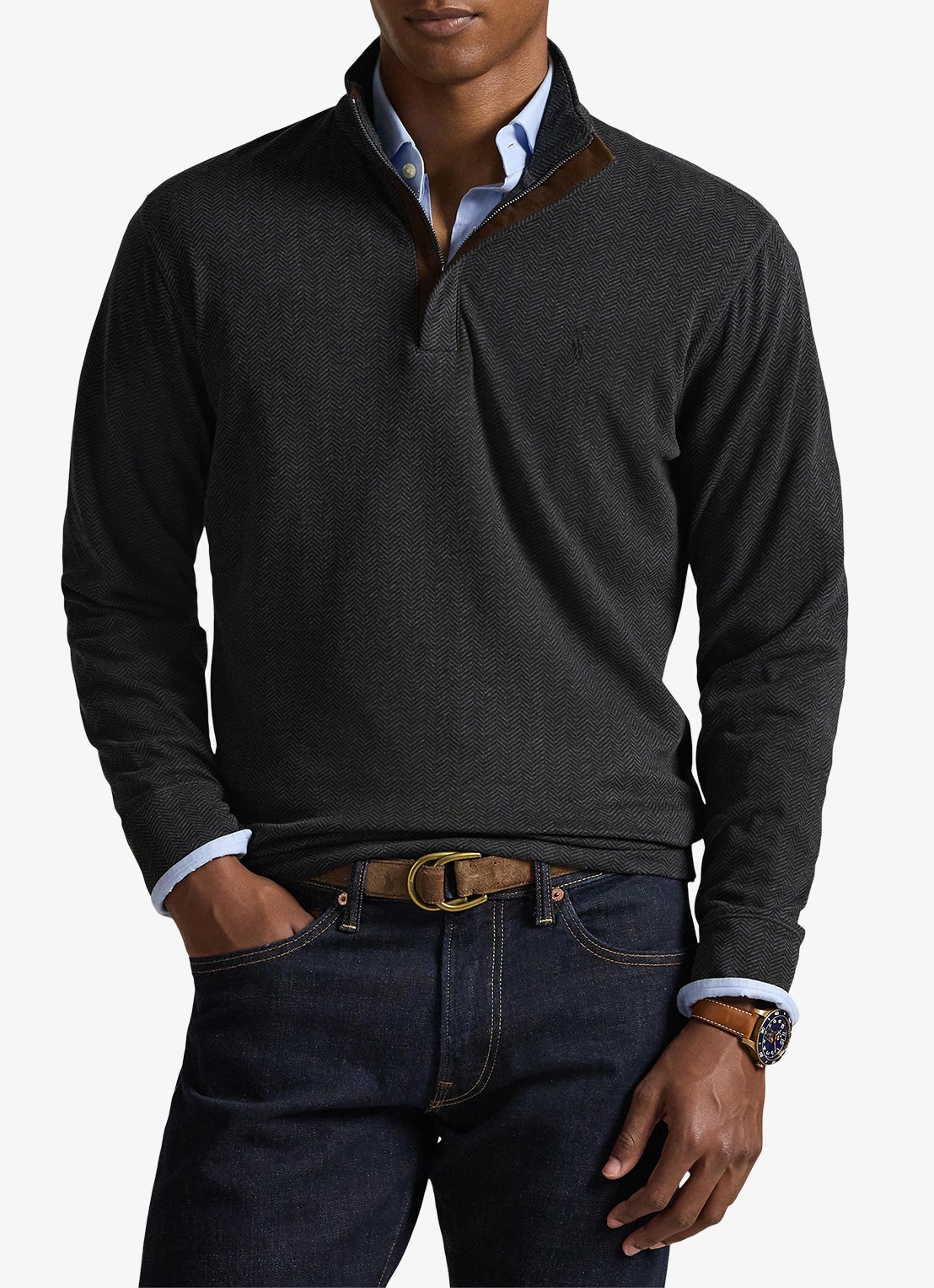 Ralph Lauren Fijngebreide trui met halve rits en visgraatdessin - detail 2 windsor herringbone / donkergrijs