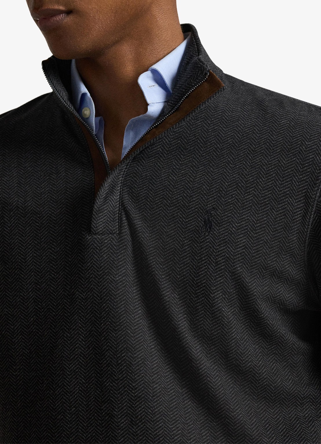 Ralph Lauren Fijngebreide trui met halve rits en visgraatdessin - detail 3 windsor herringbone / donkergrijs