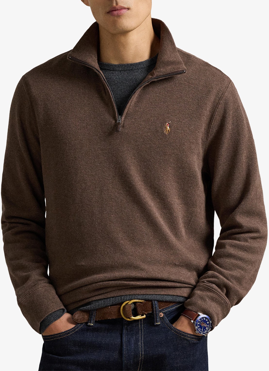 Ralph Lauren Fijngebreide trui met halve rits  - voorkant 2 nutmeg brown heather 2zao