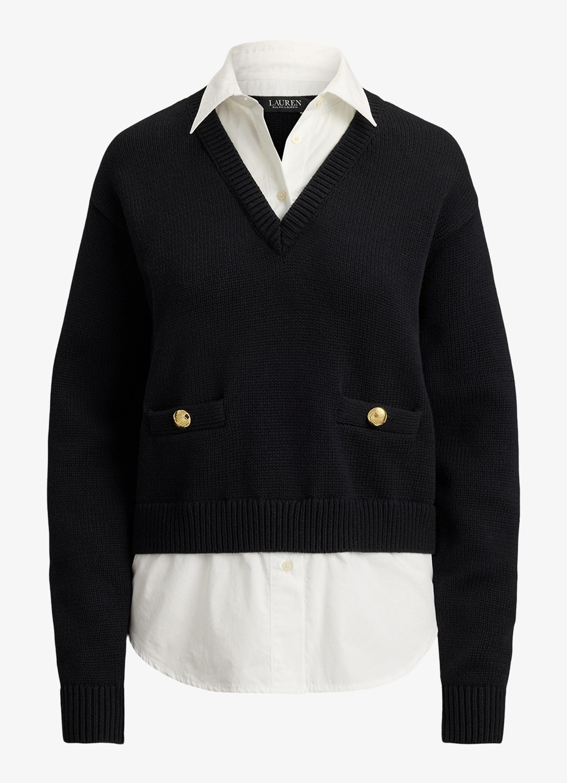 Ralph Lauren Fijngebreide trui met kraag - voorkant black/white / zwart