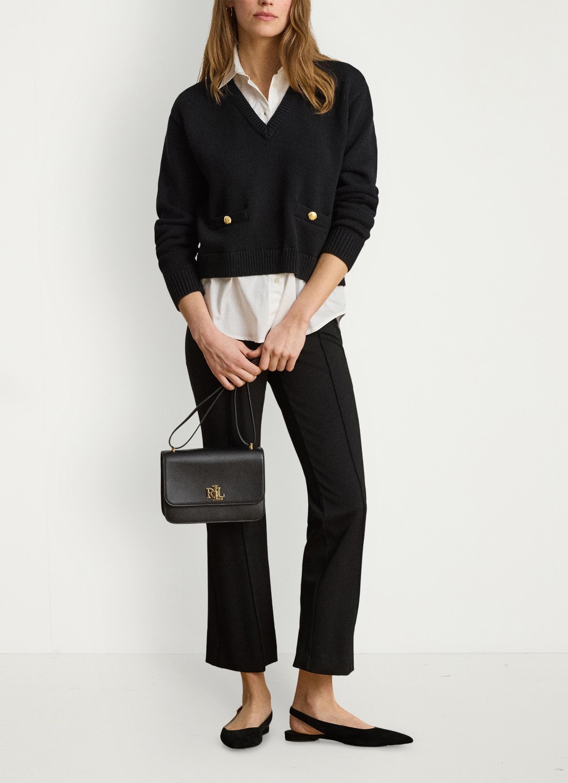Ralph Lauren Fijngebreide trui met kraag - voorkant 2 black/white / zwart