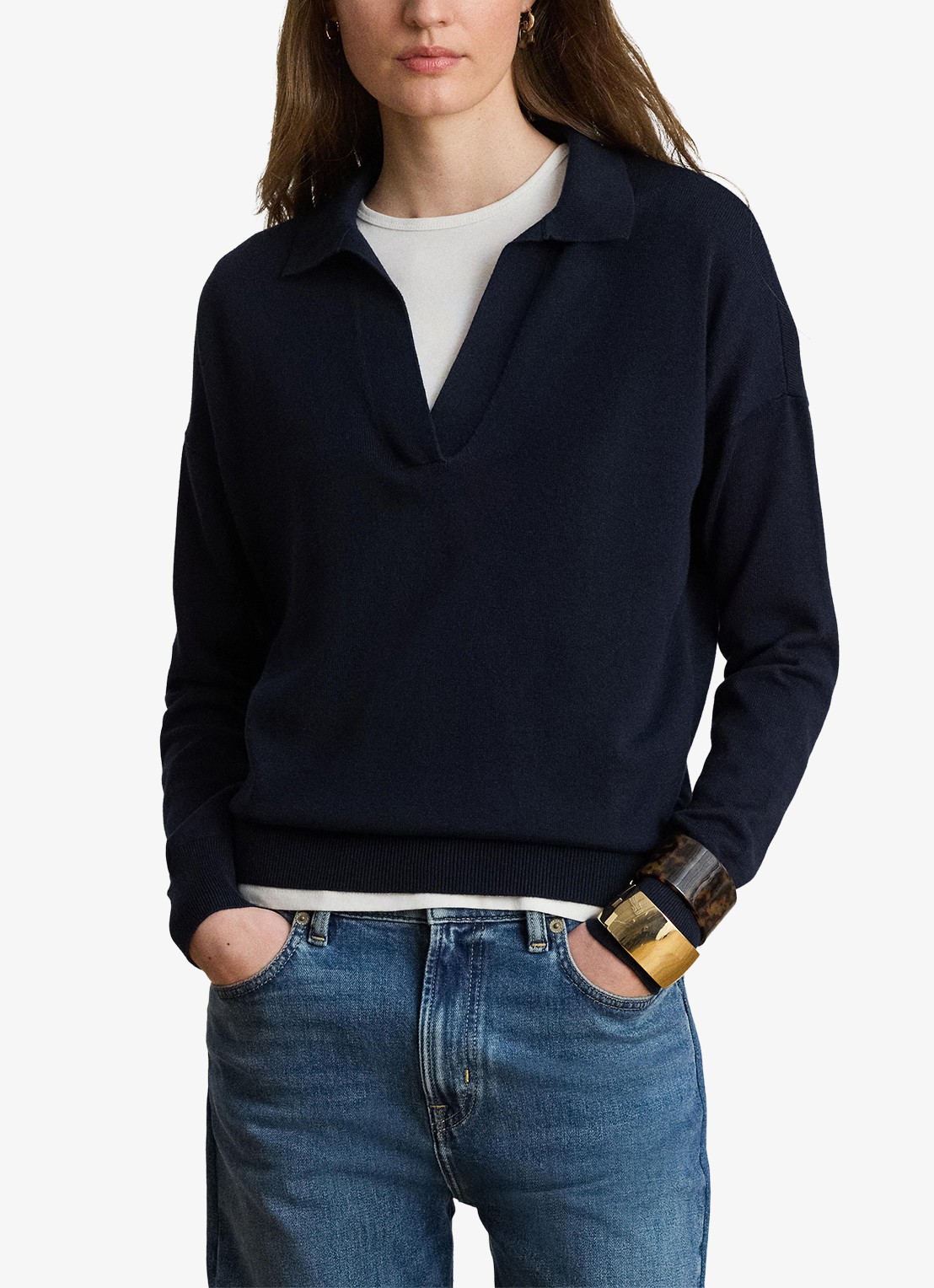 Ralph Lauren Fijngebreide trui met kraag - detail 4 lauren navy / blauw