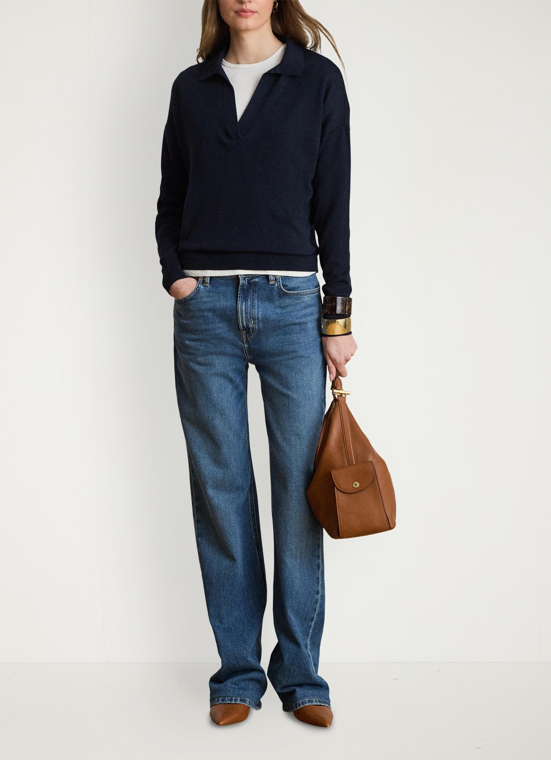 Ralph Lauren Fijngebreide trui met kraag - voorkant 2 lauren navy / blauw