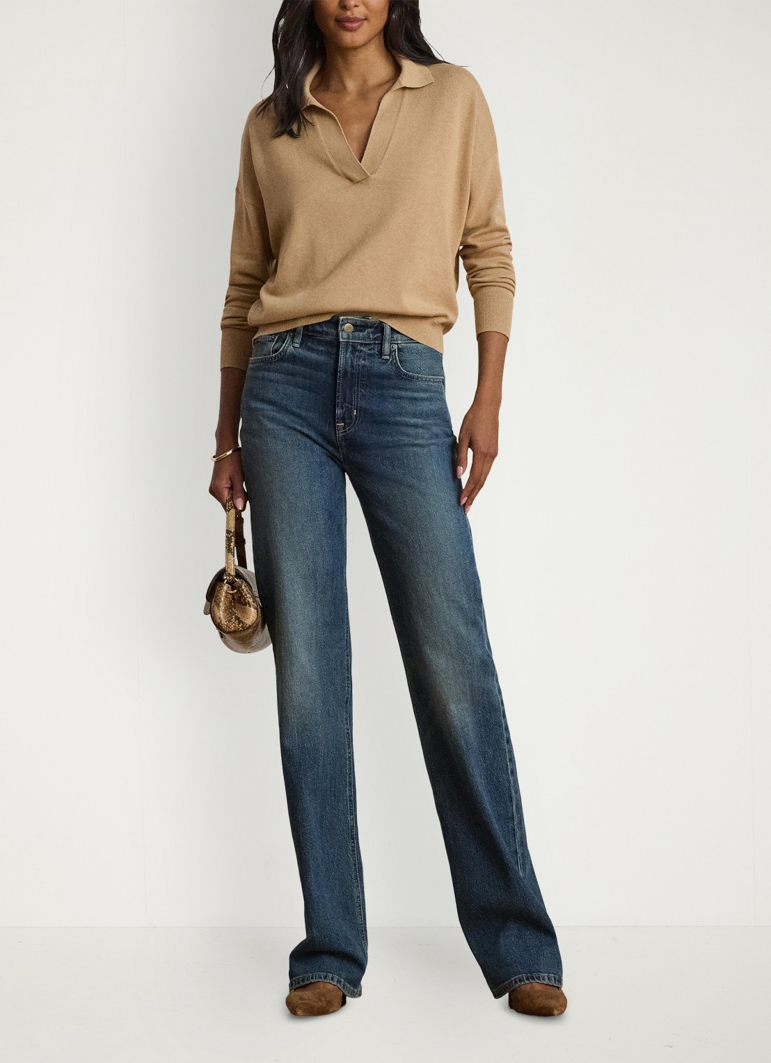 Ralph Lauren Fijngebreide trui met kraag - voorkant 4 birch tan / beige