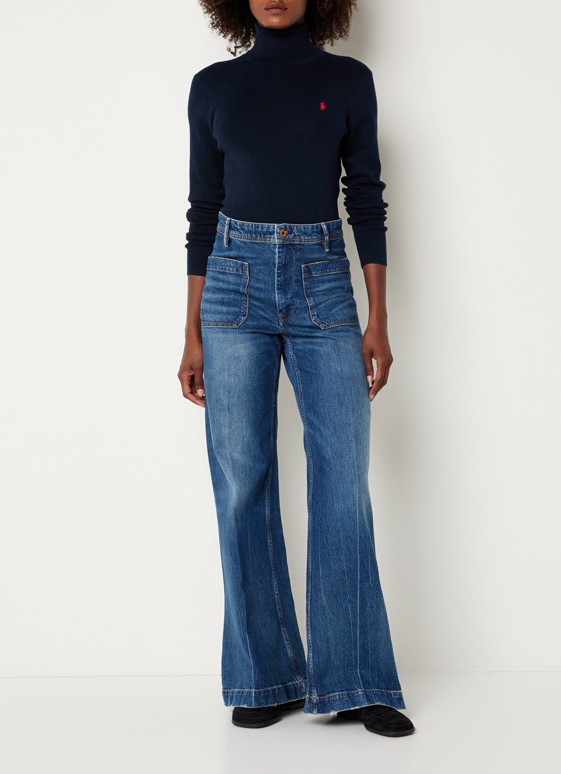 Ralph Lauren Fijngebreide trui met logo en col - voorkant 4 donkerblauw