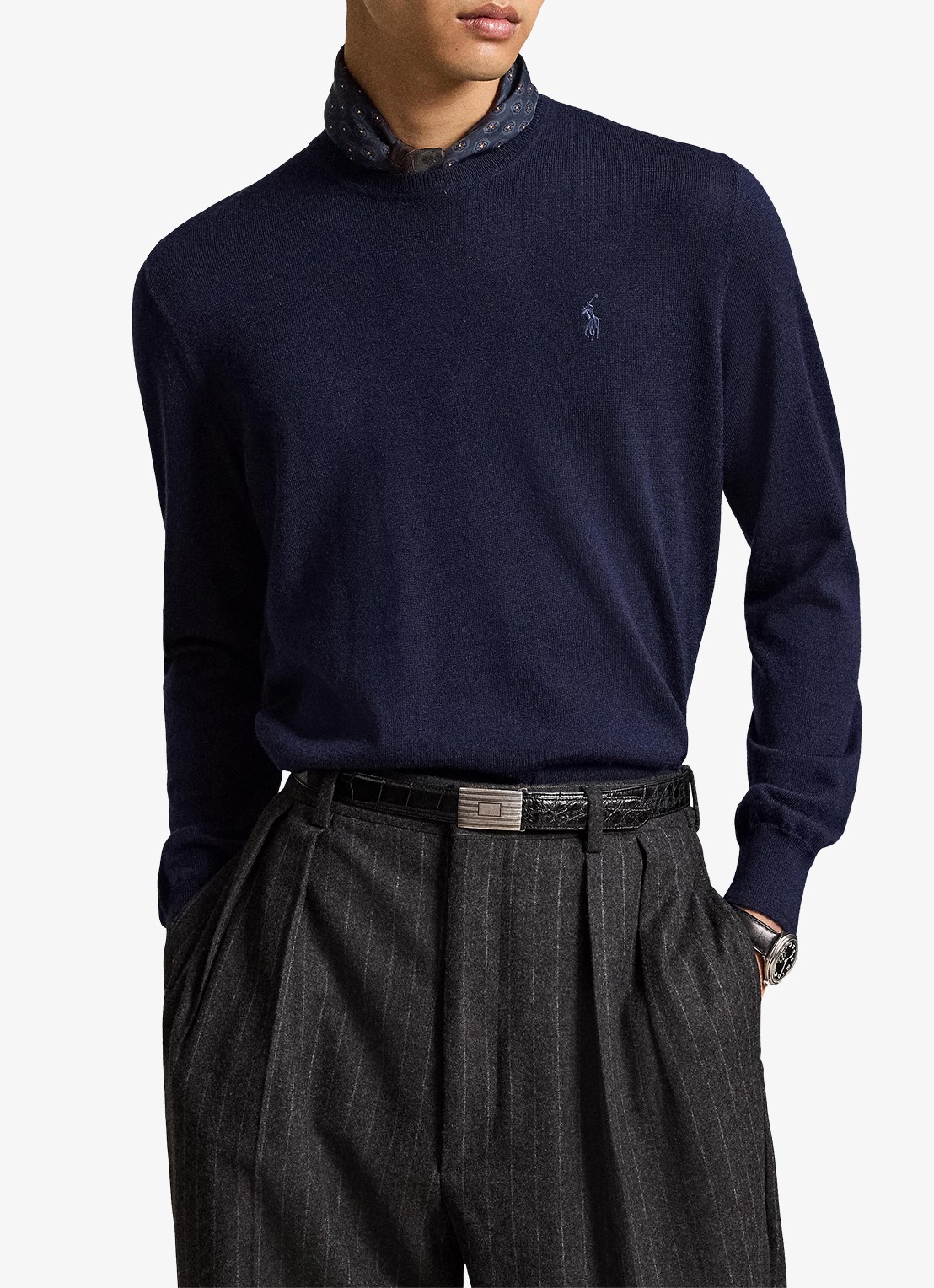 Ralph Lauren Fijngebreide trui met logoborduring - voorkant 5 hunter navy / donkerblauw