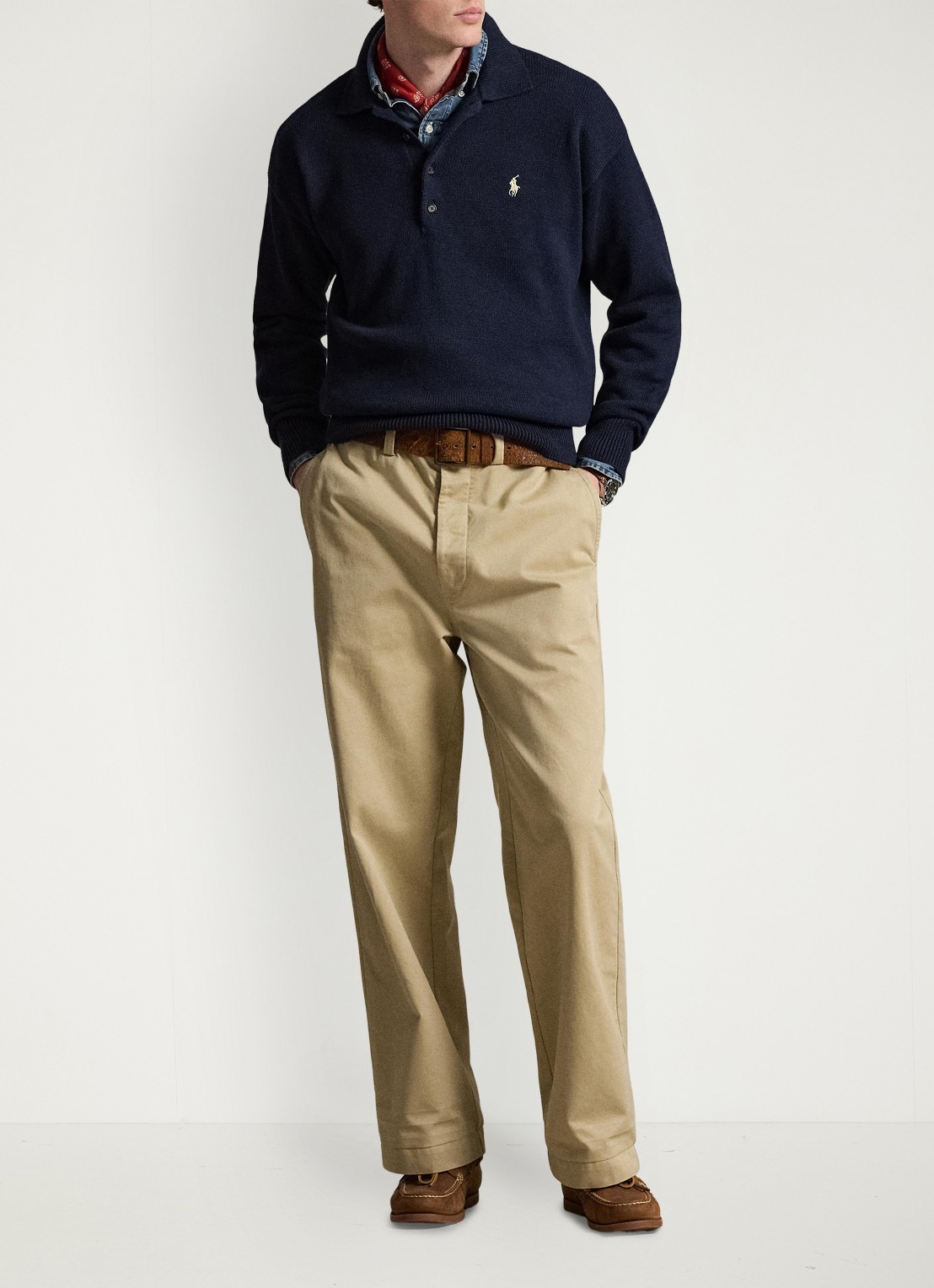Ralph Lauren Fijngebreide trui met polokraag en borduring - voorkant 5 navy combo / donkerblauw