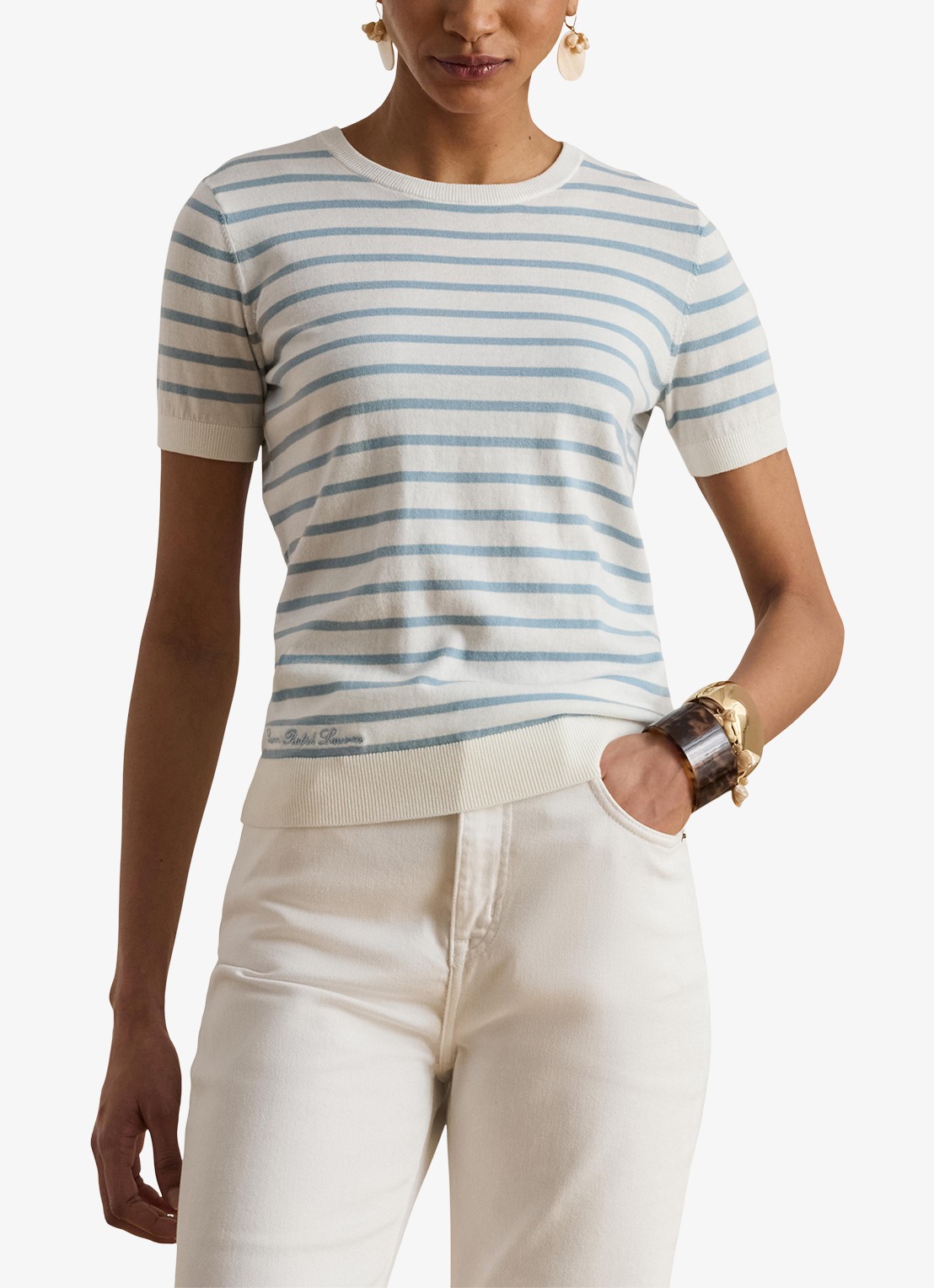 Ralph Lauren Fijngebreide trui met streepprint - detail 4 white/blue note  / blauw