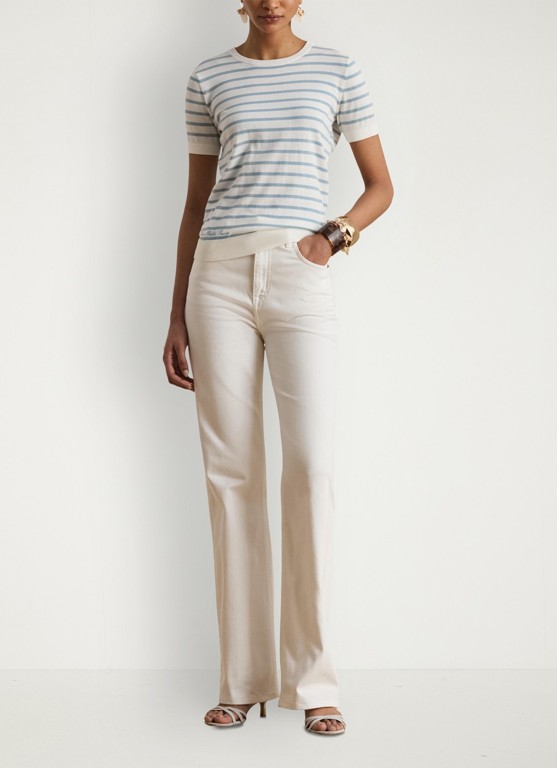 Ralph Lauren Fijngebreide trui met streepprint - voorkant 2 white/blue note  / blauw