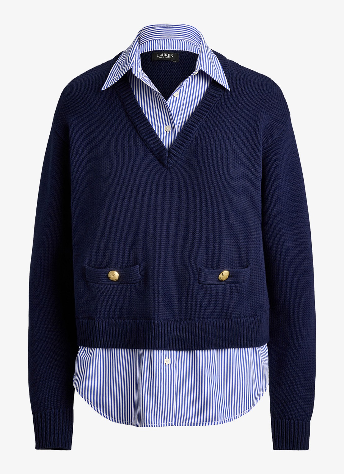 Ralph Lauren Fijngebreide trui met V-hals  - voorkant refined navy multi / donkerblauw