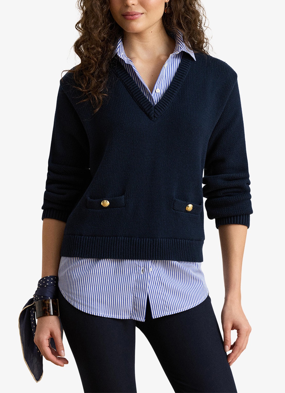 Ralph Lauren Fijngebreide trui met V-hals  - detail 4 lauren navy multi / blauw