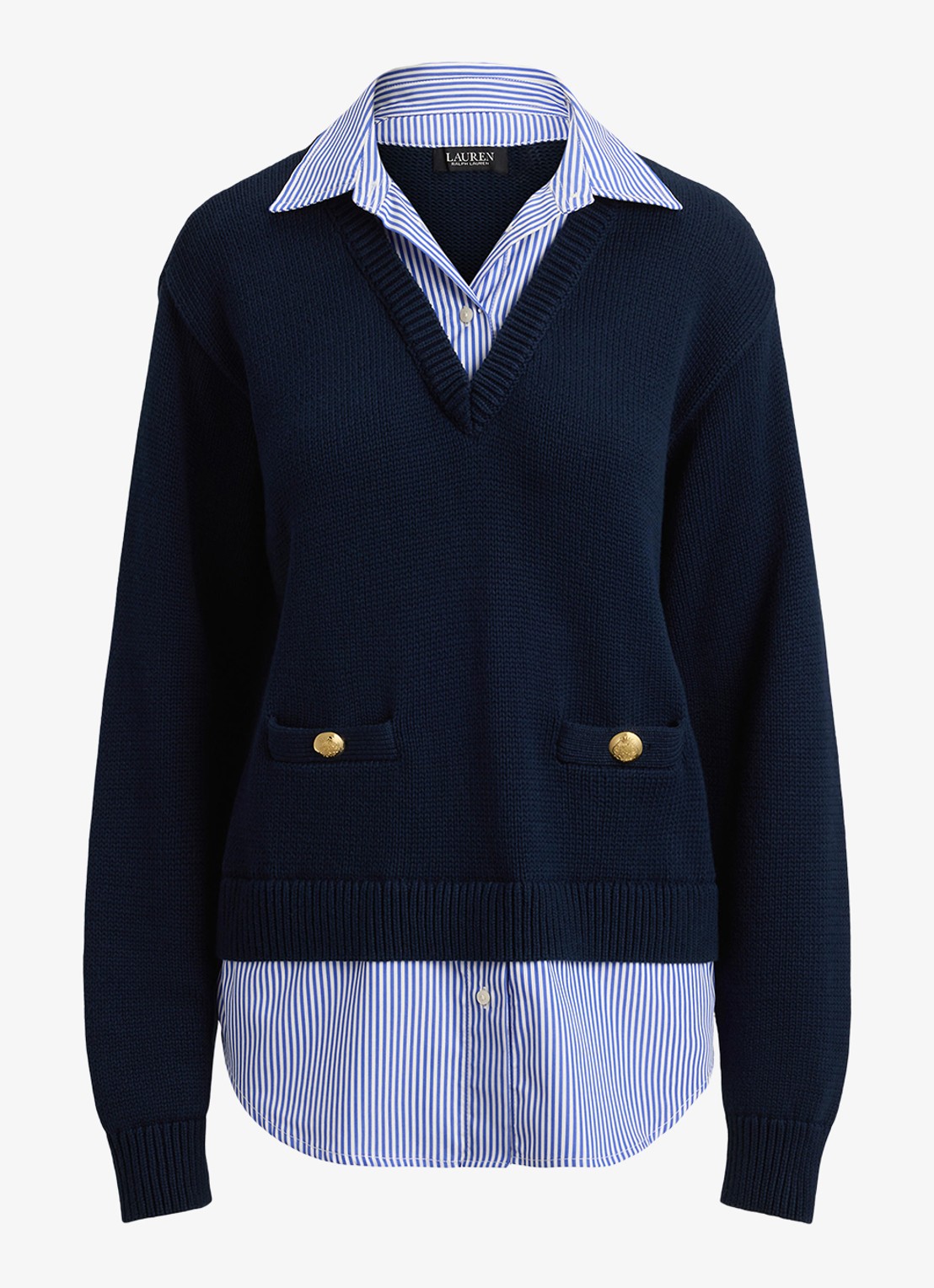 Ralph Lauren Fijngebreide trui met V-hals  - voorkant lauren navy multi / blauw