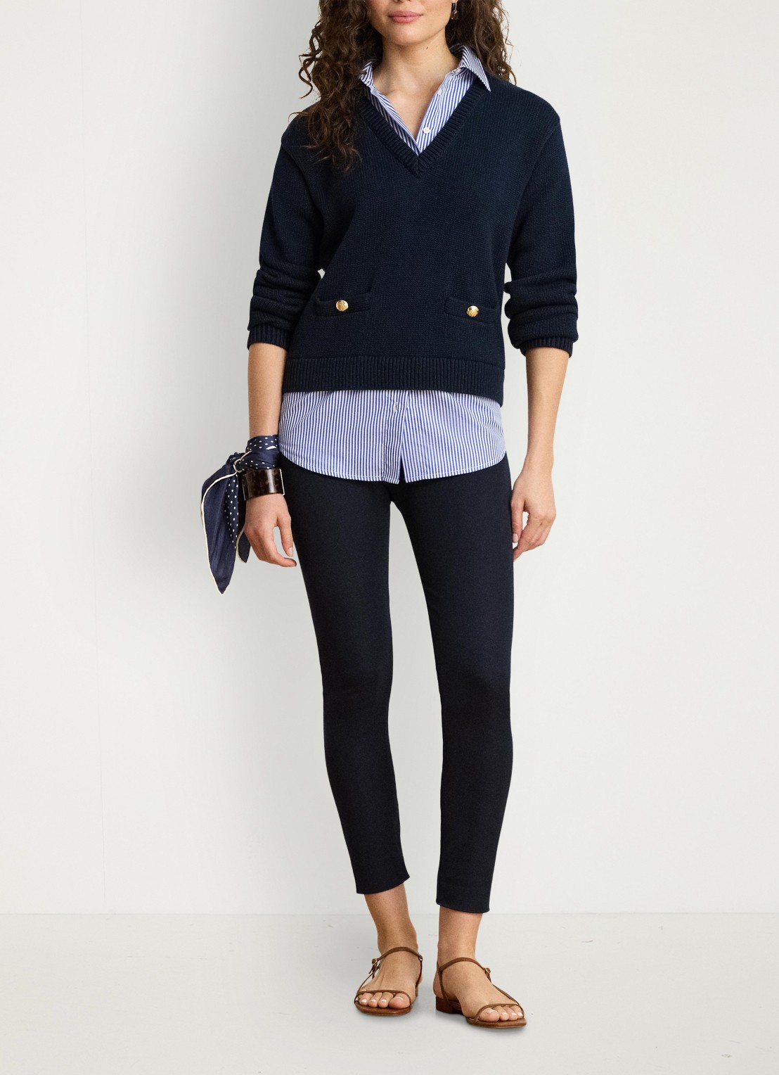 Ralph Lauren Fijngebreide trui met V-hals  - voorkant 2 lauren navy multi / blauw