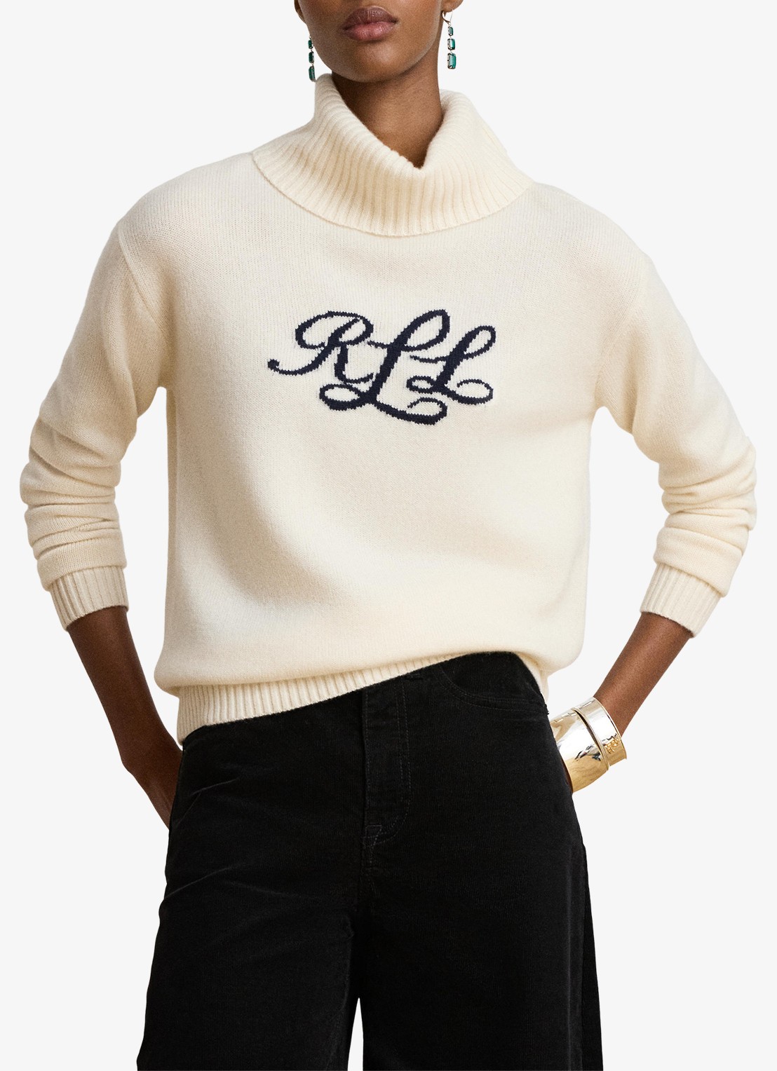 Ralph Lauren Fijngebreide trui van kasjmier met ingebreide logoprint  - detail creme