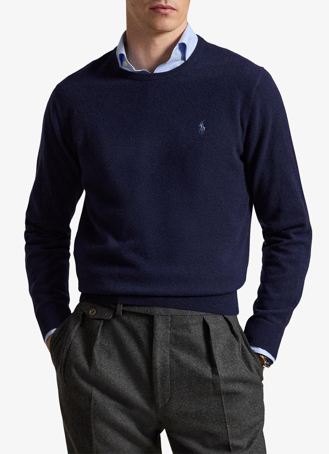 Ralph Lauren Fijngebreide trui van wol met logoborduring - voorkant 3 hunter navy / donkerblauw
