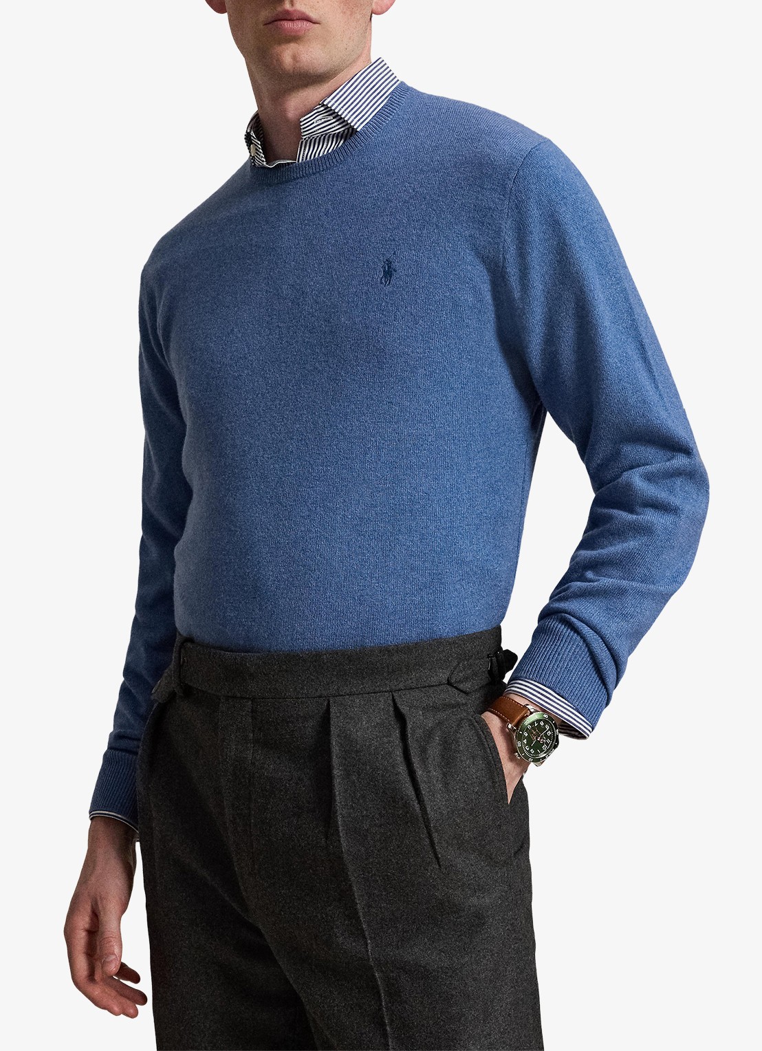 Ralph Lauren Fijngebreide trui van wol met logoborduring - voorkant 2 blue borage heather / blauw