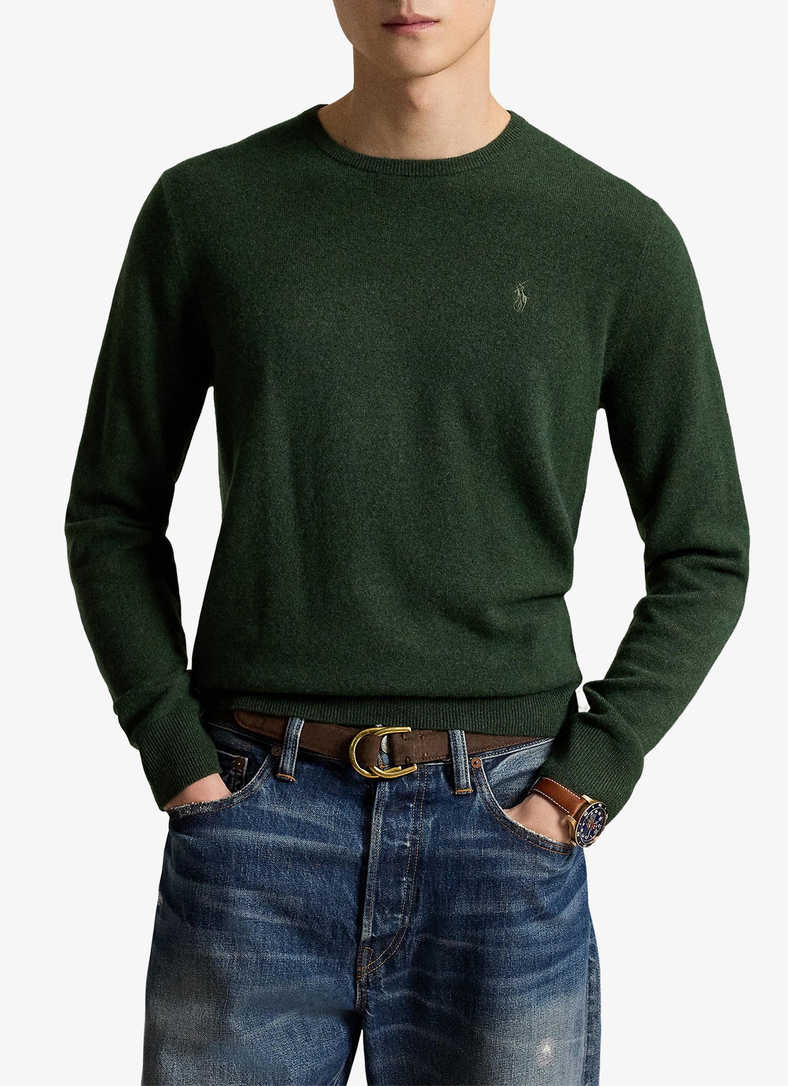Ralph Lauren Fijngebreide trui van wol met logoborduring - voorkant 3 lodgepole pine heather/ groen