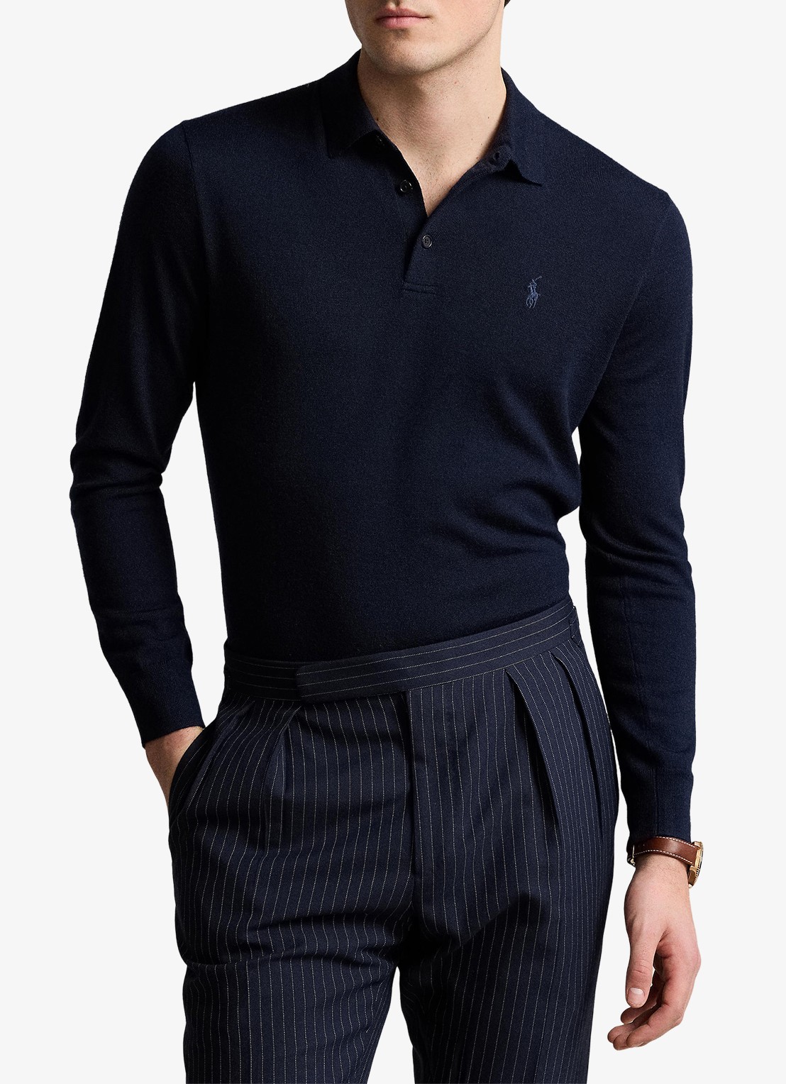 Ralph Lauren Fijngebreide trui van wol met polokraag - voorkant 3 blauw