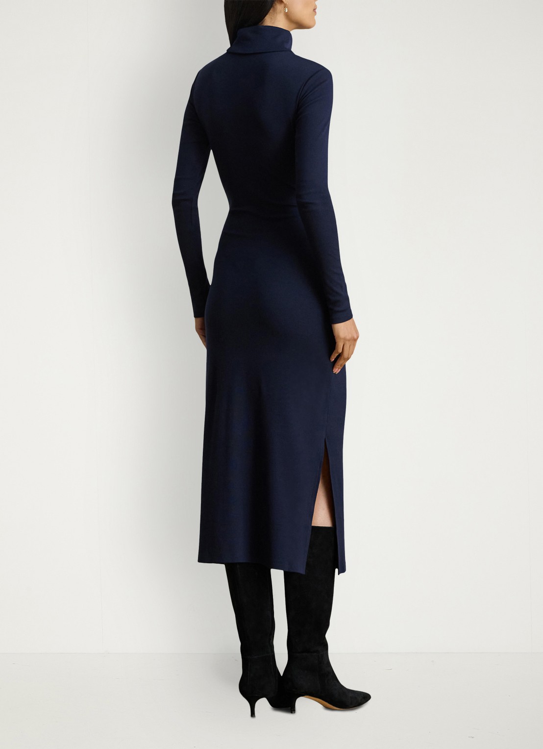 Ralph Lauren FIjngebriede midi jurk met col en strikdetail - achterkant donkerblauw