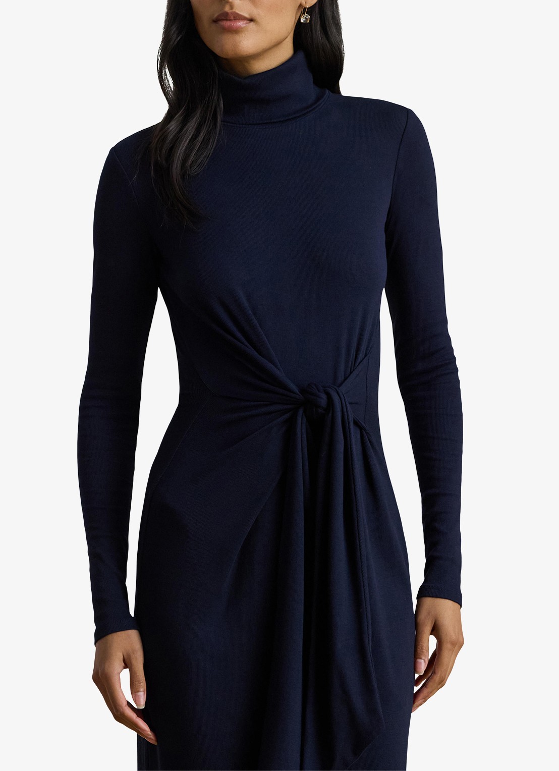 Ralph Lauren FIjngebriede midi jurk met col en strikdetail - detail 4 donkerblauw