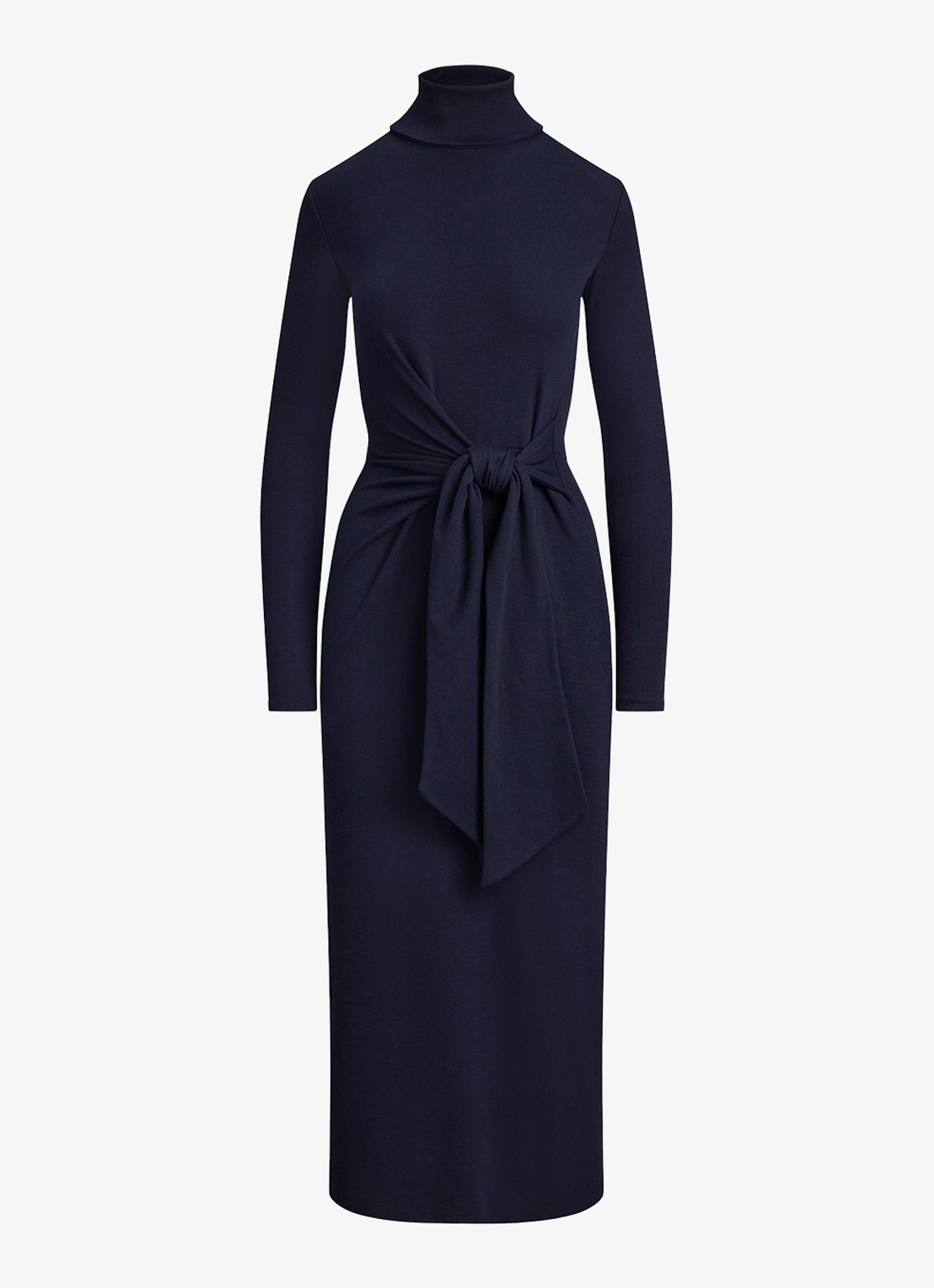 Ralph Lauren FIjngebriede midi jurk met col en strikdetail - voorkant 2 donkerblauw