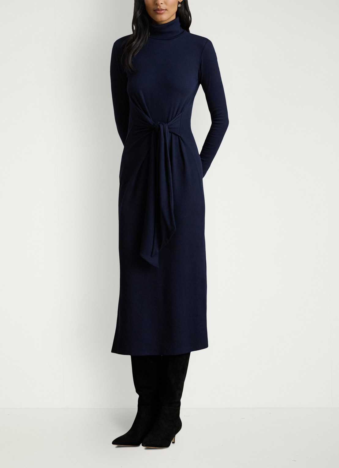 Ralph Lauren FIjngebriede midi jurk met col en strikdetail - voorkant 3 donkerblauw