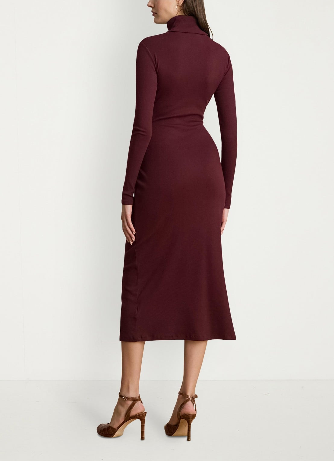 Ralph Lauren FIjngebriede midi jurk met col en strikdetail - achterkant dark garnet / bordeauxrood