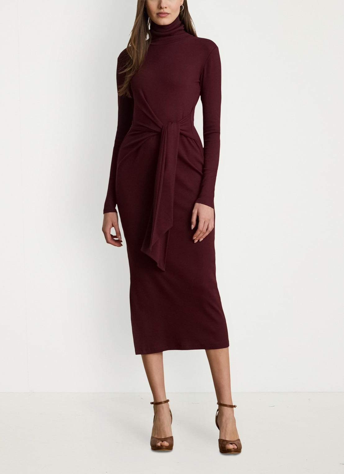 Ralph Lauren FIjngebriede midi jurk met col en strikdetail - detail 3 dark garnet / bordeauxrood