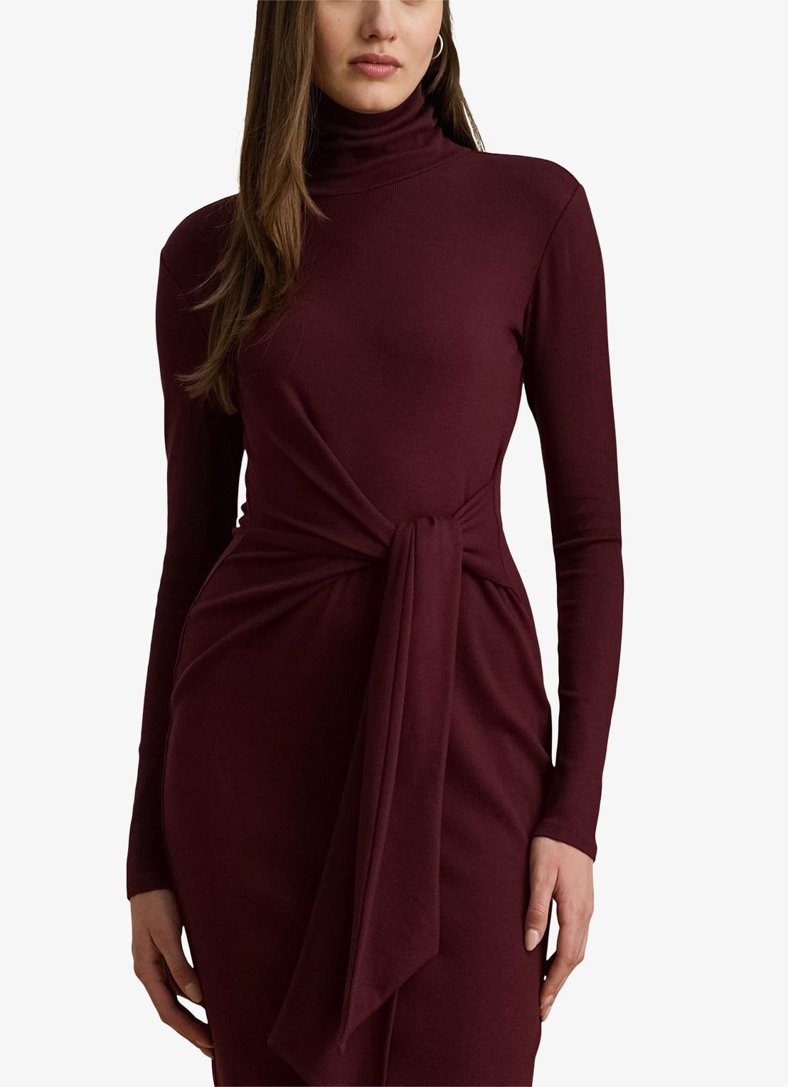 Ralph Lauren FIjngebriede midi jurk met col en strikdetail - detail 4 dark garnet / bordeauxrood