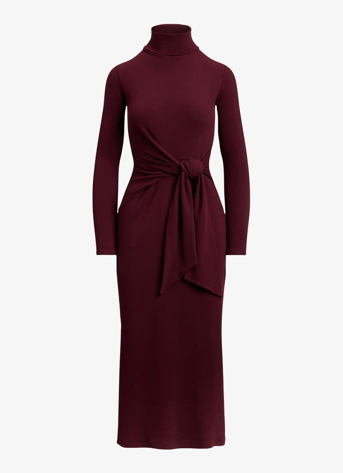 Ralph Lauren FIjngebriede midi jurk met col en strikdetail - voorkant 2 dark garnet / bordeauxrood