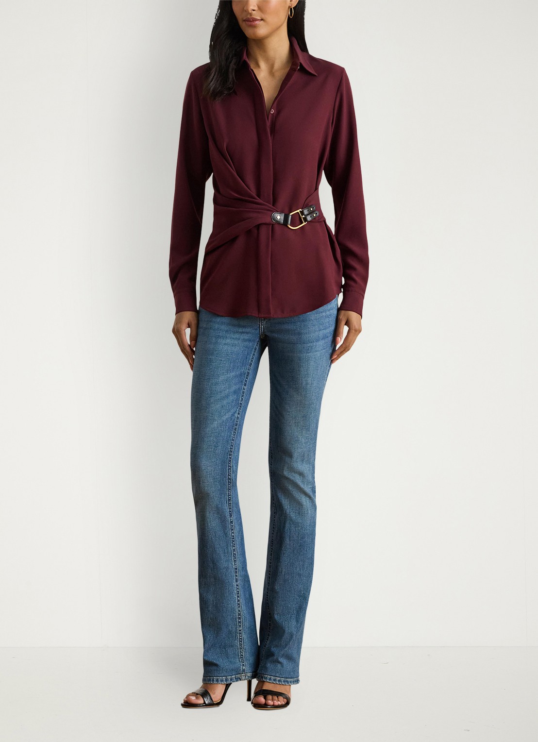 Ralph Lauren Georgette blouse met gespdetail - voorkant 2 dark garnet / bordeauxrood