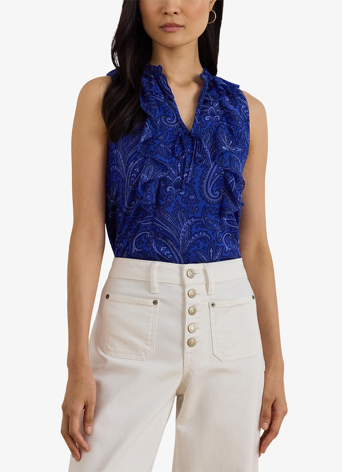 Ralph Lauren Georgette blouse met paisleyprint en ruches - detail 4 kobaltblauw