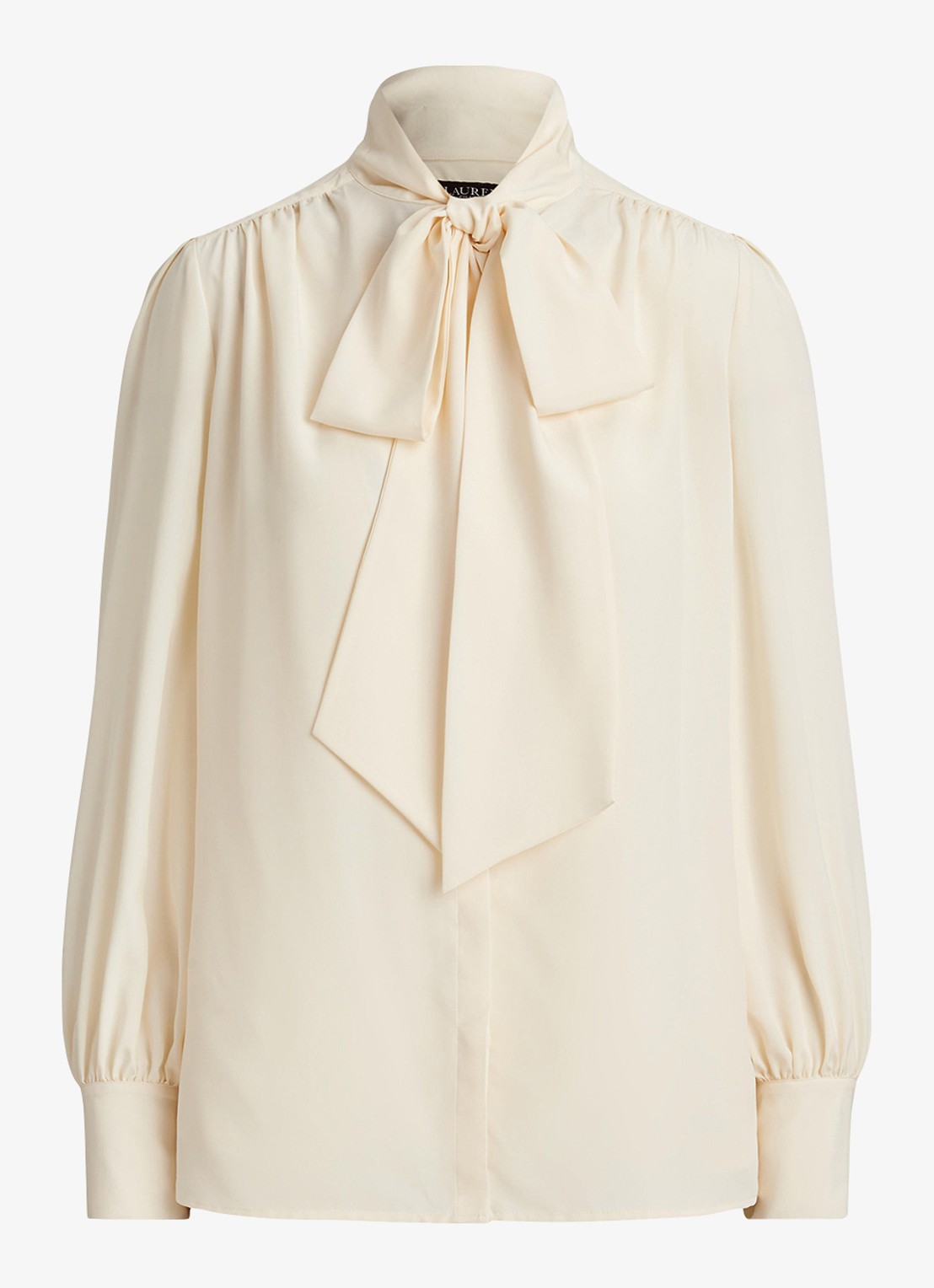 Ralph Lauren Georgette blouse met sjaalkraag en pofmouw - voorkant 2 creme