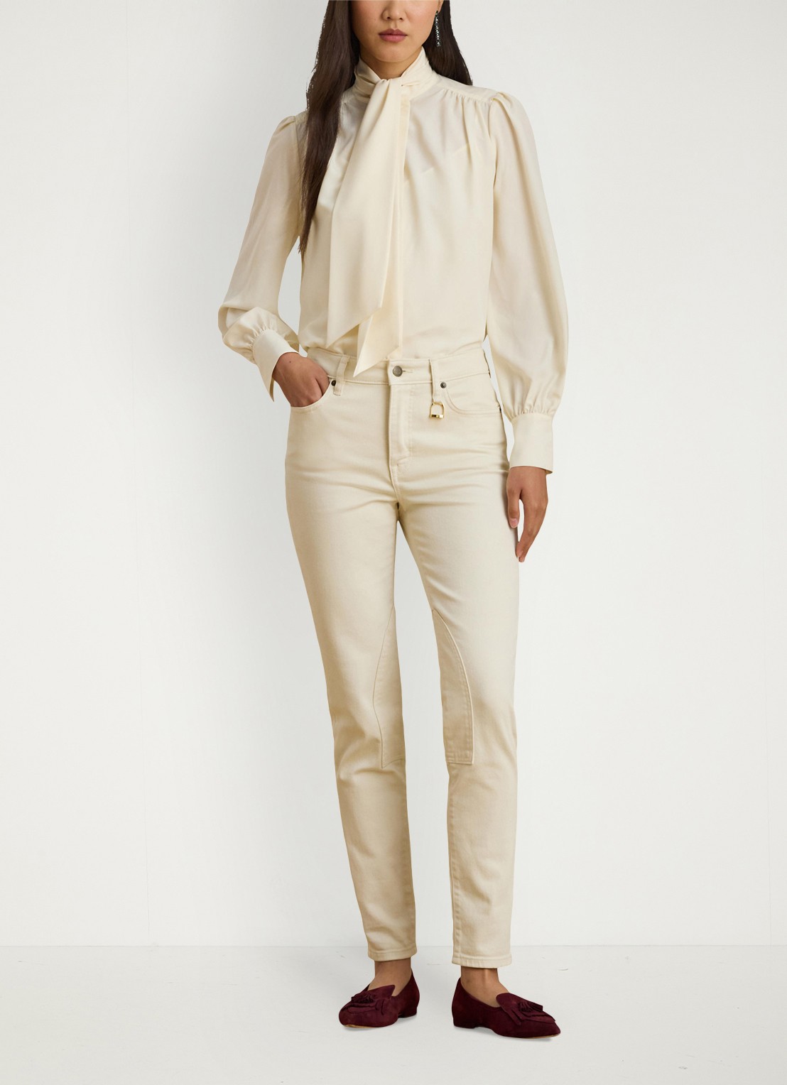 Ralph Lauren Georgette blouse met sjaalkraag en pofmouw - voorkant 3 creme