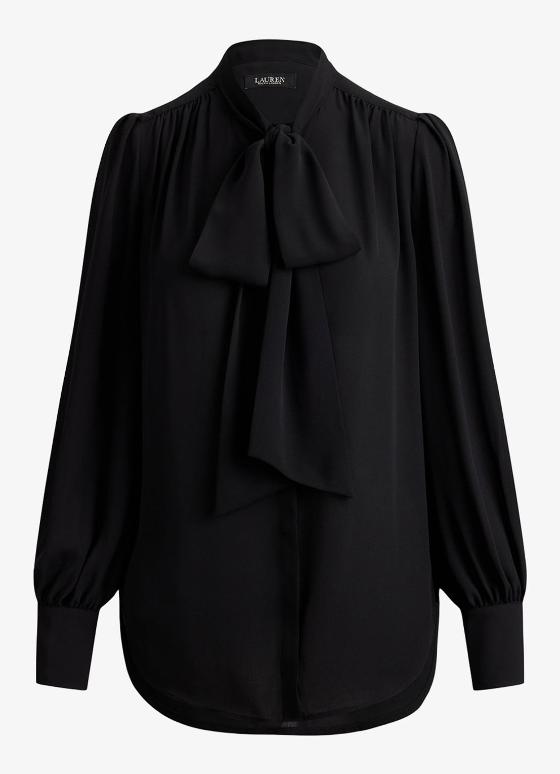 Ralph Lauren Georgette blouse met sjaalkraag en pofmouw - voorkant 4 zwart