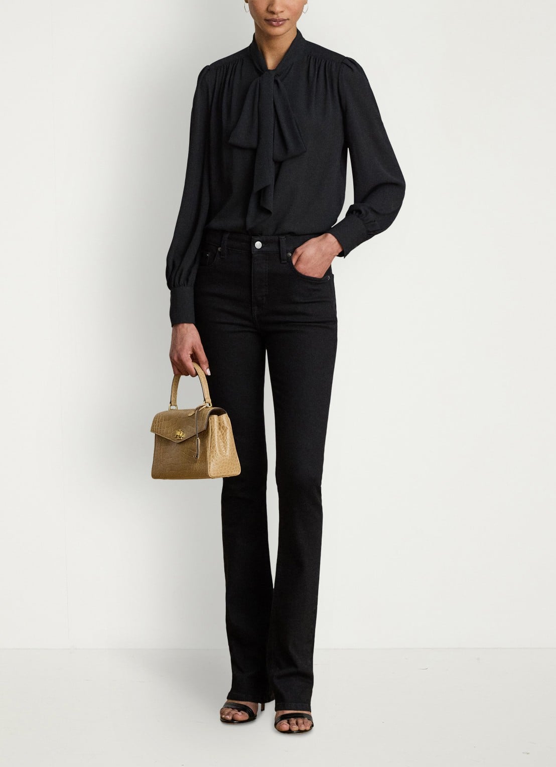 Ralph Lauren Georgette blouse met sjaalkraag en pofmouw - voorkant 5 zwart