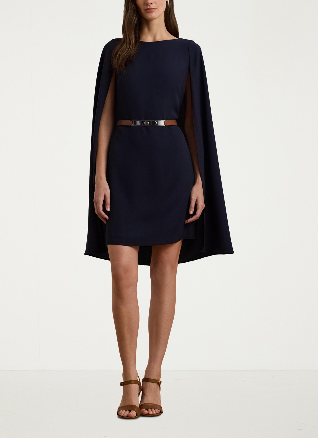 Ralph Lauren Georgette cocktailjurk met cape - voorkant 4 lighthouse navy / donkerblauw