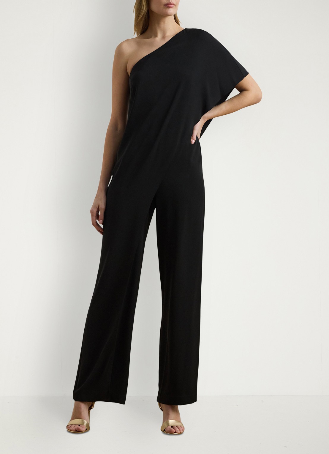 Ralph Lauren Georgette jumpsuit met blote schouder - voorkant 4 zwart
