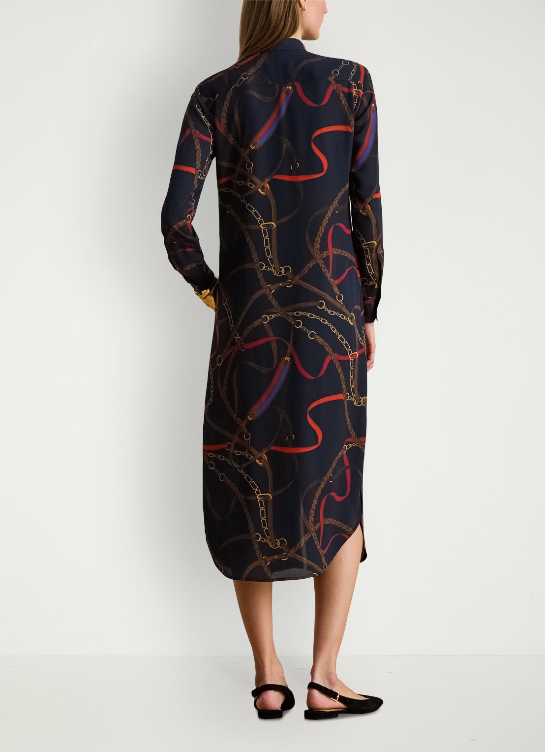 Ralph Lauren Georgette midi blousejurk met sjaalkraag en grafische print - achterkant zwart