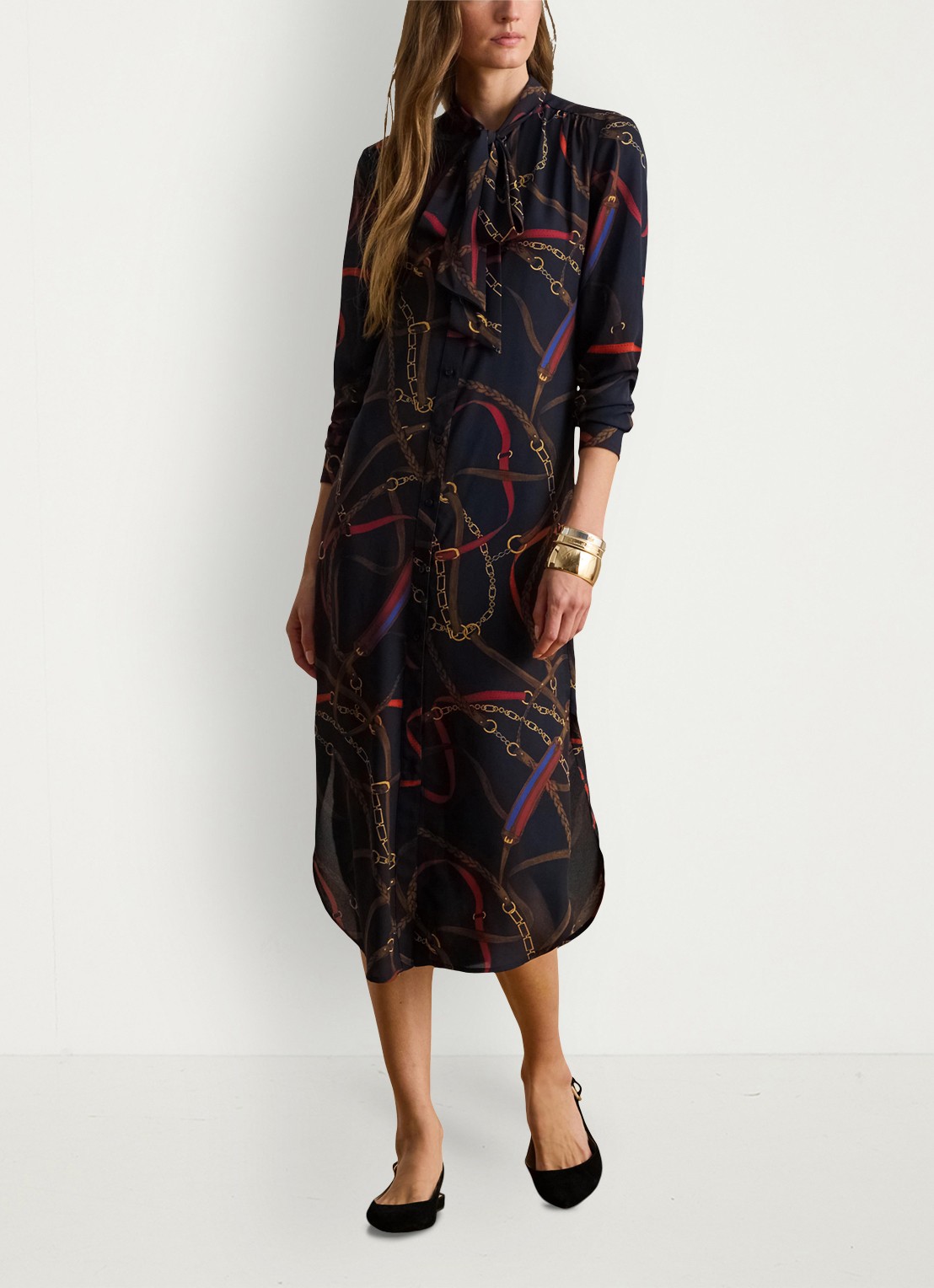 Ralph Lauren Georgette midi blousejurk met sjaalkraag en grafische print - detail 3 zwart