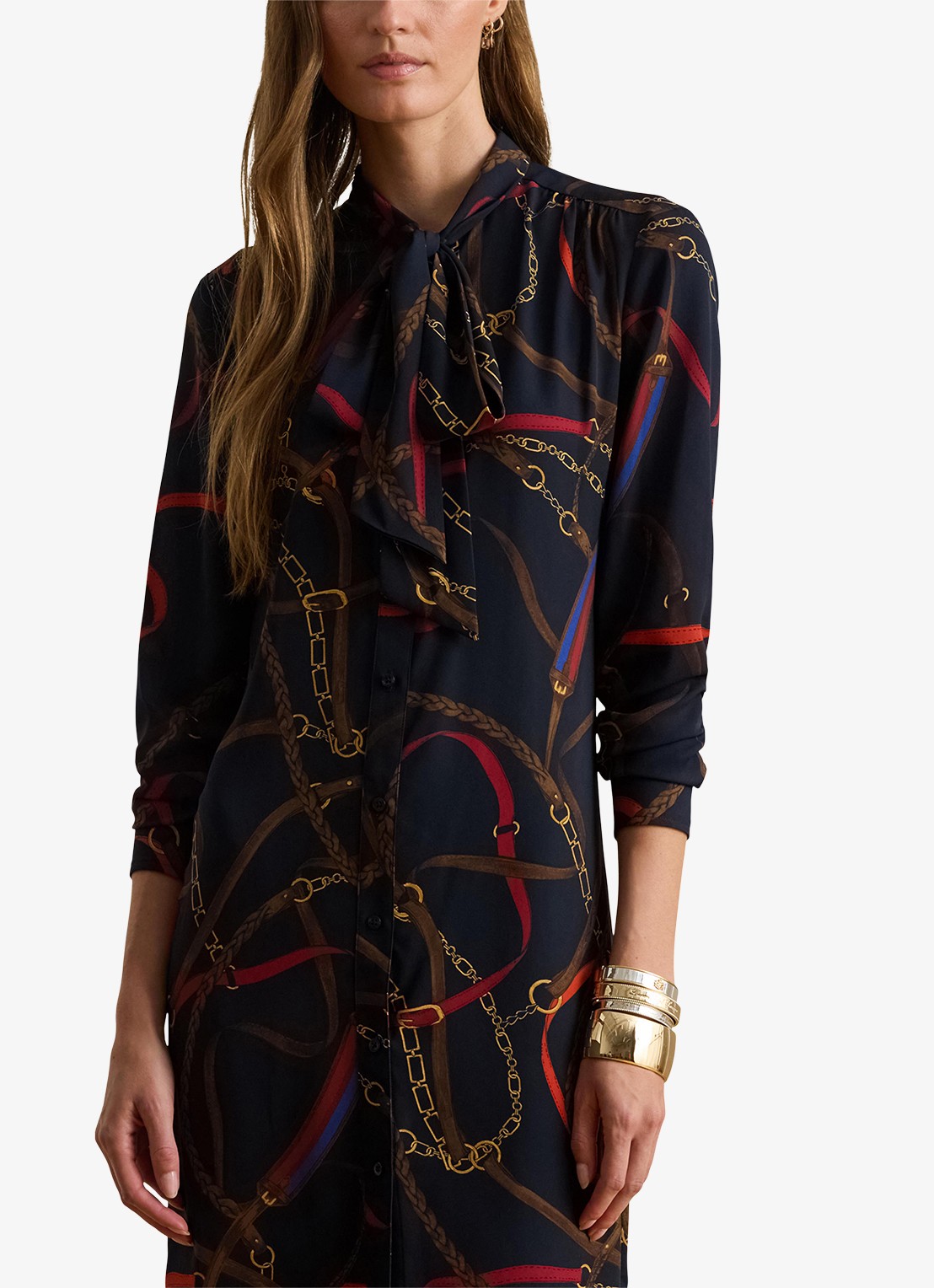Ralph Lauren Georgette midi blousejurk met sjaalkraag en grafische print - detail 4 zwart