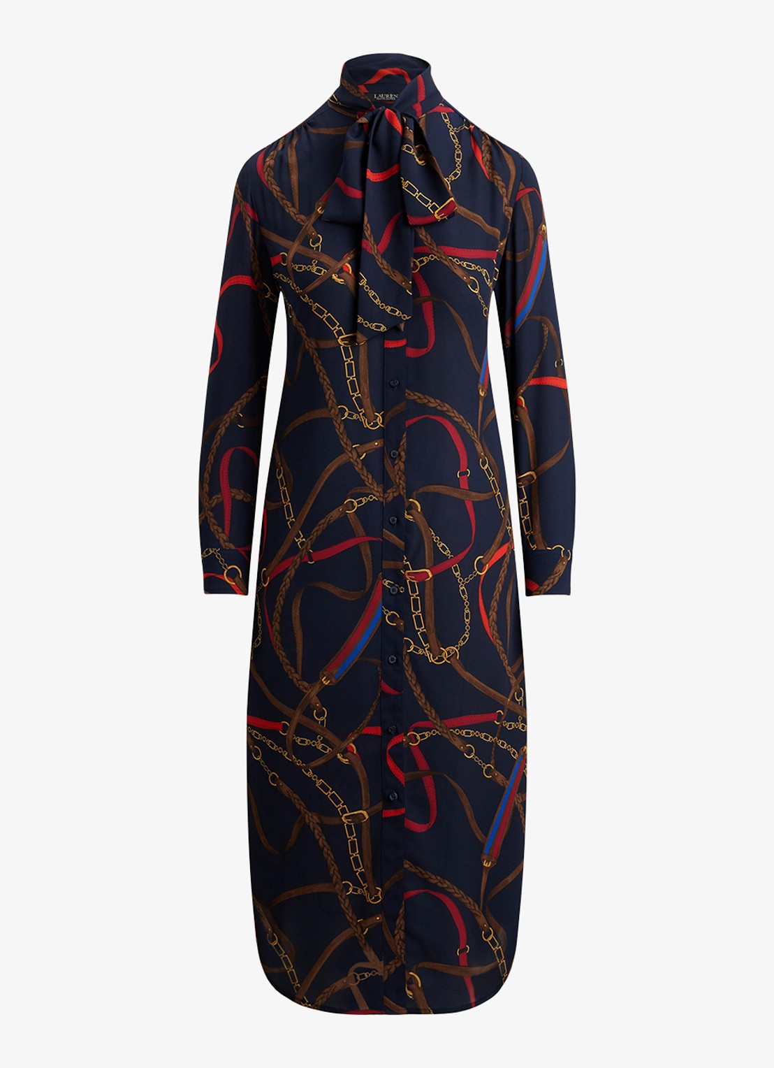 Ralph Lauren Georgette midi blousejurk met sjaalkraag en grafische print - voorkant 2 zwart