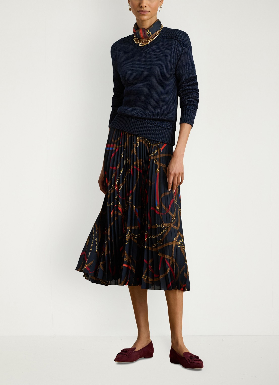 Ralph Lauren Georgette midi plooirok met grafische print - voorkant 3 zwart