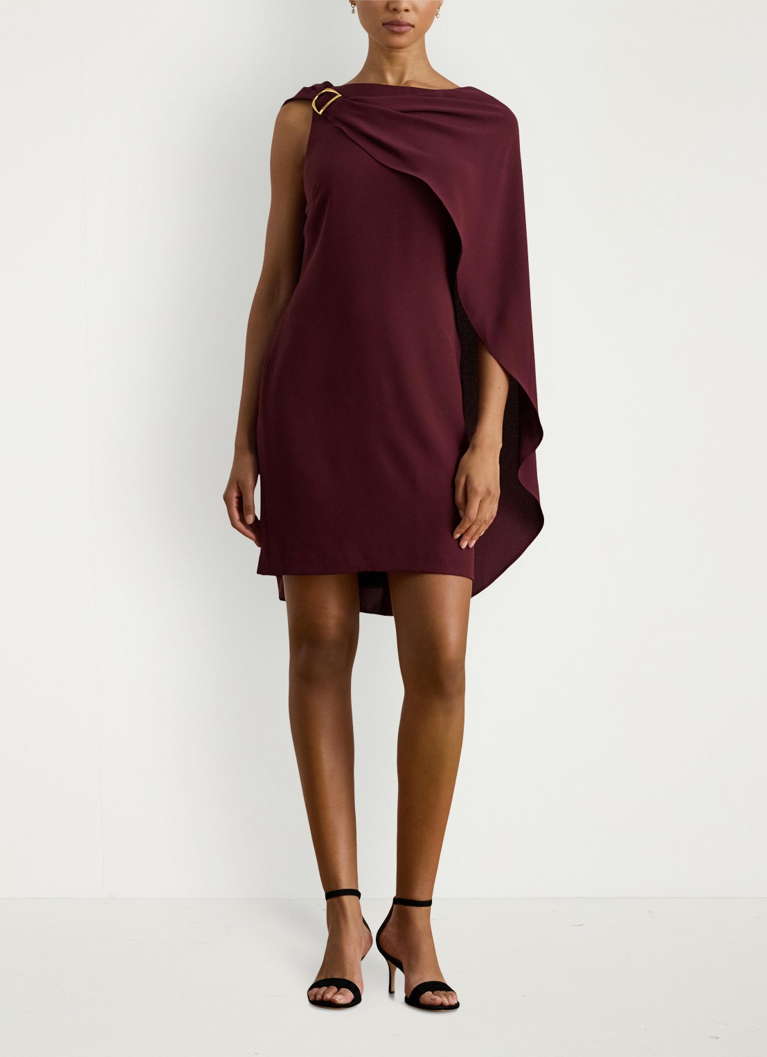 Ralph Lauren Georgette mini jurk met cape - voorkant 3 dark garnet / bordeauxrood