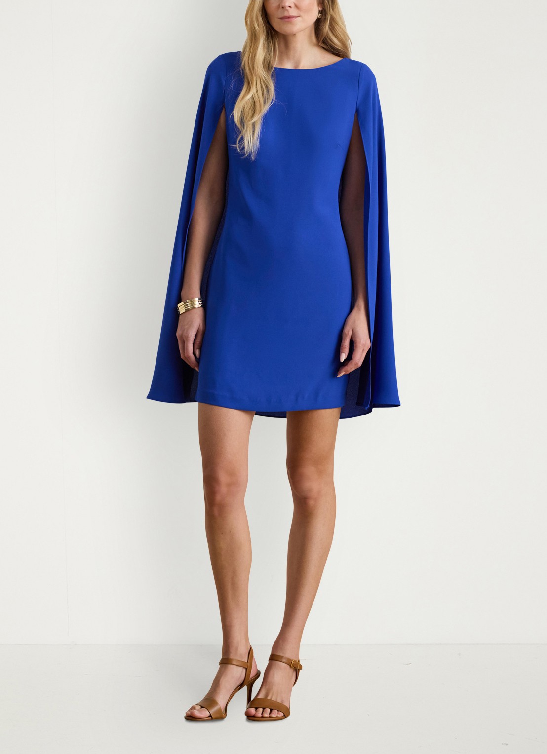 Ralph Lauren Georgette mini jurk met cape - voorkant 9 cruise royal / blauw