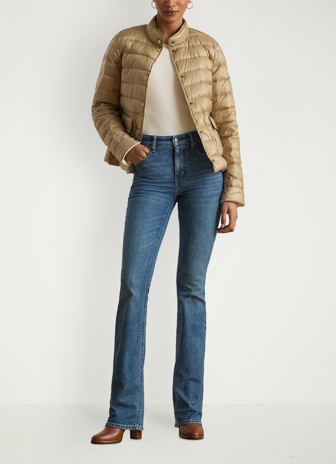 Ralph Lauren Gewatteerd jack met donsvulling en klepzakken - voorkant 4 birch tan-30ph / beige