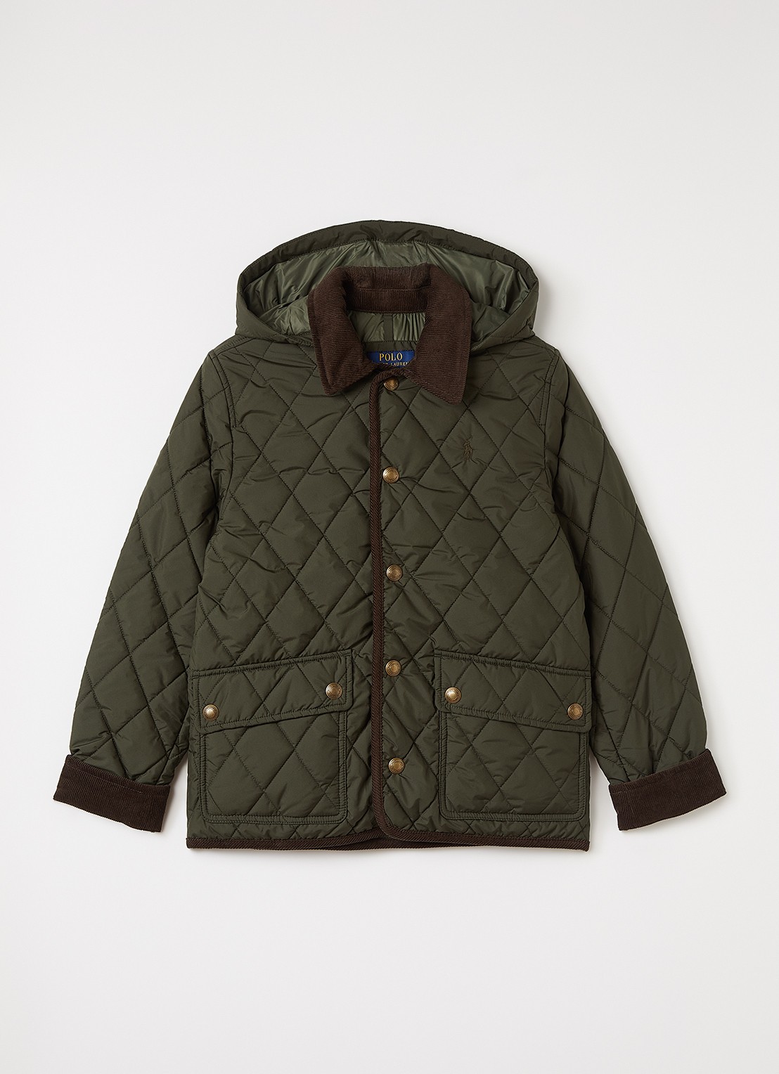 Ralph Lauren Gewatteerde barn jack met afneembare capuchon - voorkant 2 legergroen