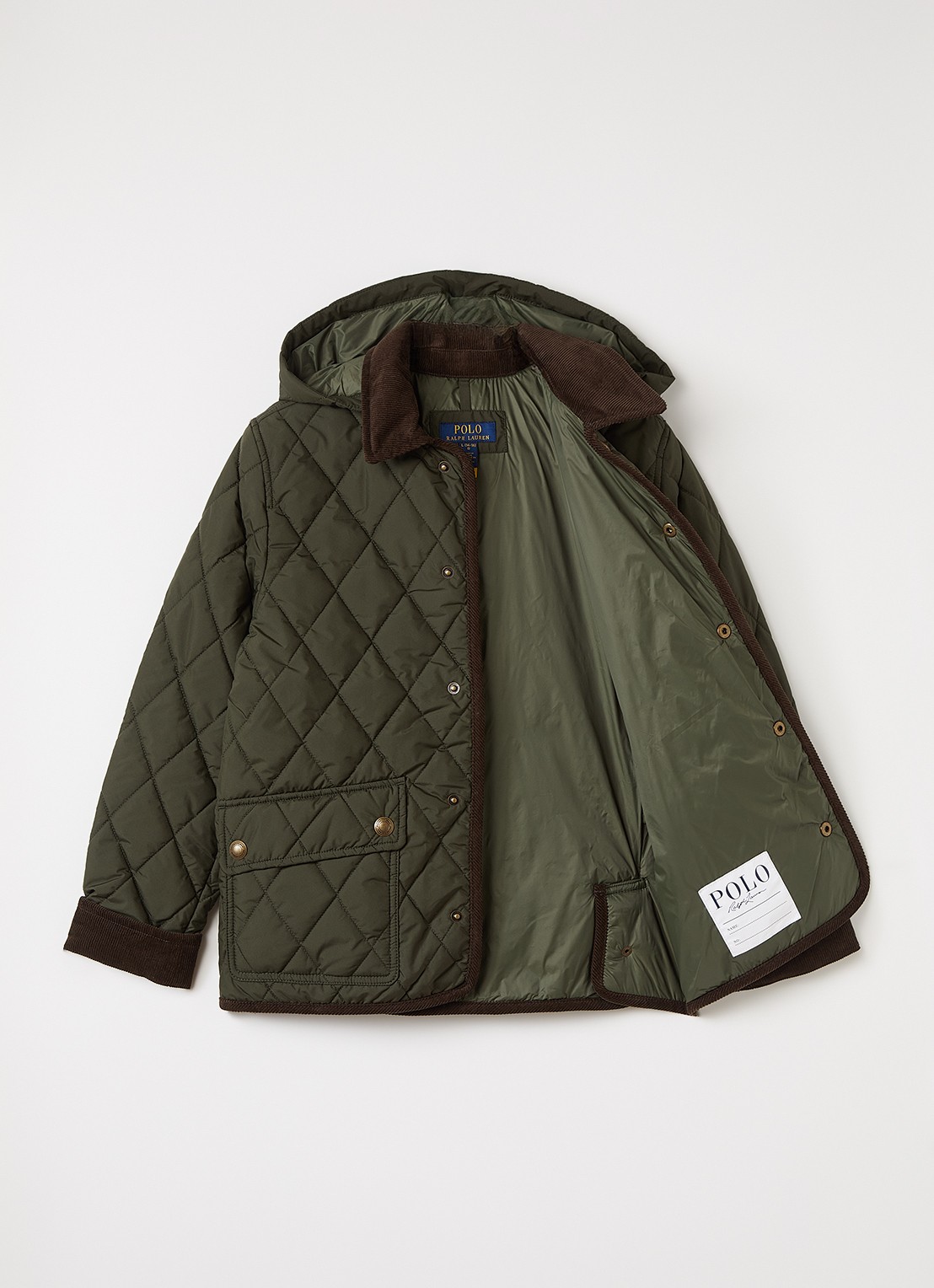 Ralph Lauren Gewatteerde barn jack met afneembare capuchon - voorkant 3 legergroen